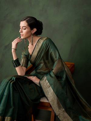 Emerald green cotton-silk saree with gold zari border 4