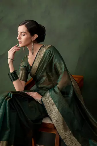 Emerald green cotton-silk saree with gold zari border