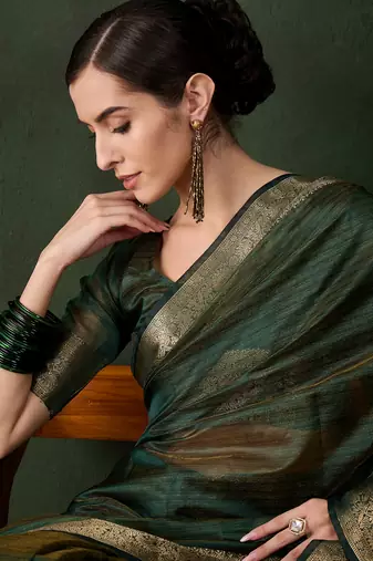 Emerald green cotton-silk saree with gold zari border
