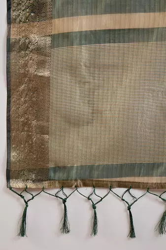 Emerald green cotton-silk saree with gold zari border