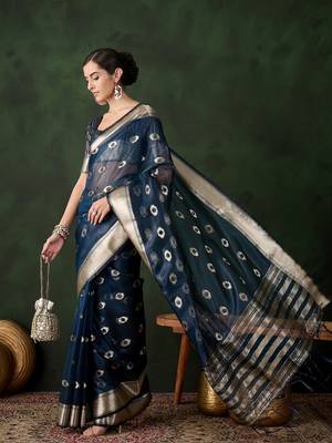 Navy blue cotton-silk saree for women 1