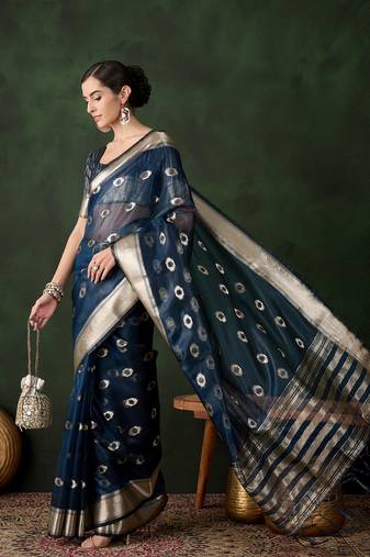 Navy blue cotton-silk saree for women