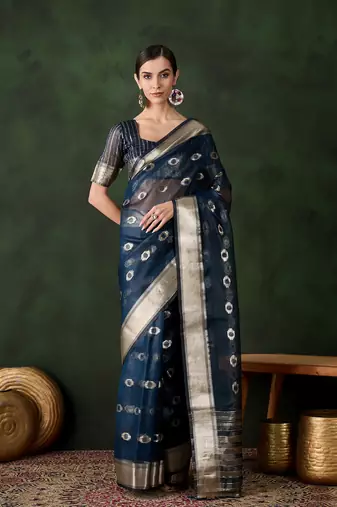 Navy blue cotton-silk saree for women