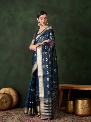 Navy blue cotton-silk saree for women 3