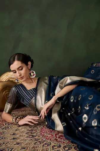 Navy blue cotton-silk saree for women