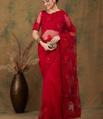 Red net floral saree for women