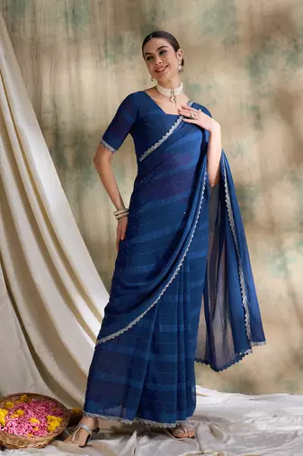 Navy blue glitter georgette saree for women