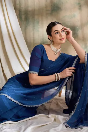 Navy blue glitter georgette saree for women
