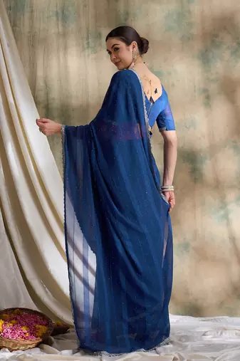 Navy blue glitter georgette saree for women