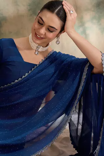 Navy blue glitter georgette saree for women