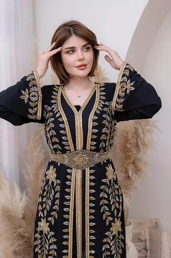 Black color Handmade Moroccan Kaftan with hijjab