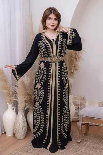 Black color Handmade Moroccan Kaftan with hijjab