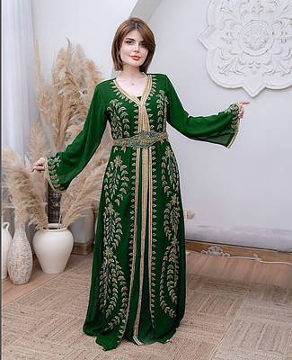 Dark Green color Handmade Moroccan Kaftan with hijjab 1