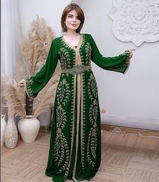 Dark Green color Handmade Moroccan Kaftan with hijjab
