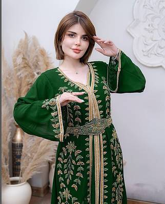 Dark Green color Handmade Moroccan Kaftan with hijjab 2