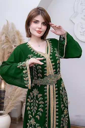 Dark Green color Handmade Moroccan Kaftan with hijjab
