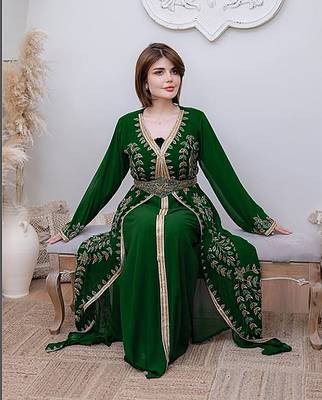Dark Green color Handmade Moroccan Kaftan with hijjab 3