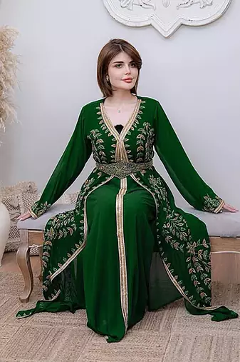 Dark Green color Handmade Moroccan Kaftan with hijjab