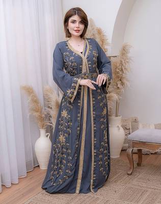 Grey color Handmade Moroccan Kaftan with hijjab 1