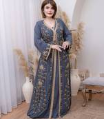 Grey color luxurious Handmade Moroccan Kaftan with hijjab