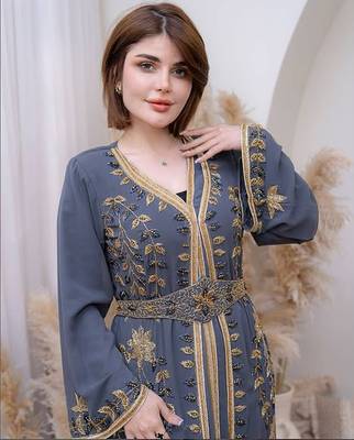 Grey color Handmade Moroccan Kaftan with hijjab 2