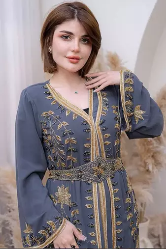Grey color Handmade Moroccan Kaftan with hijjab