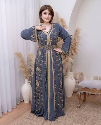 Grey color Handmade Moroccan Kaftan with hijjab 3