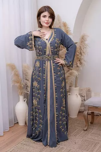 Grey color Handmade Moroccan Kaftan with hijjab