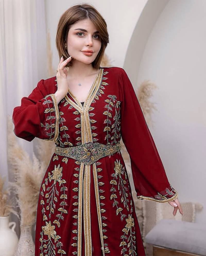 Red Georgette Zari Work Kaftan Dress