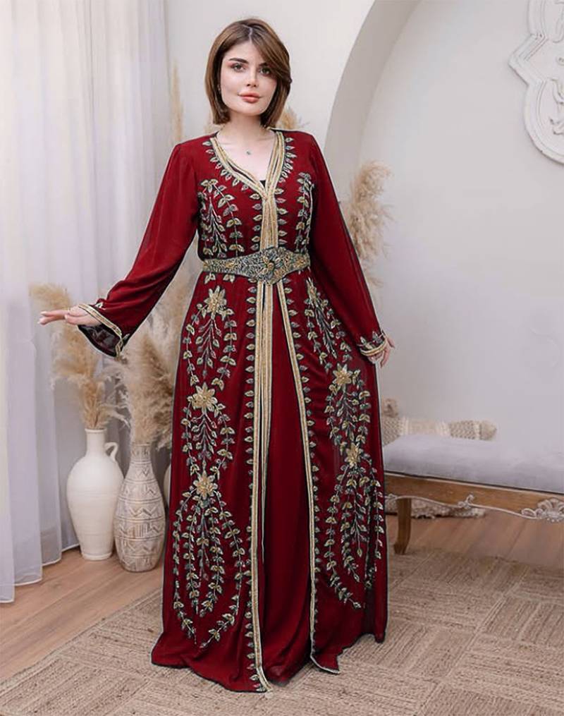 Red Georgette Zari Work Kaftan Dress