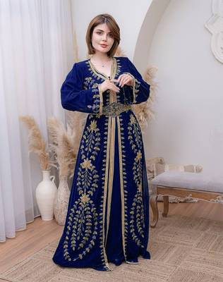 Navy Blue color Handmade Moroccan Kaftan with hijjab 1