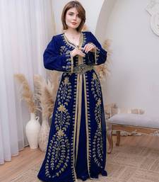 Navy Blue color Handmade Moroccan Kaftan with hijjab