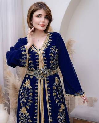 Navy Blue color Handmade Moroccan Kaftan with hijjab 2