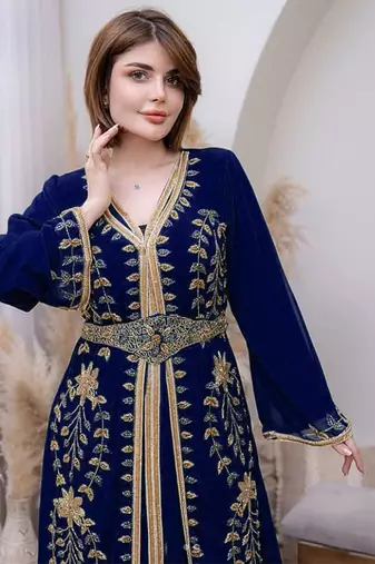 Navy Blue color Handmade Moroccan Kaftan with hijjab