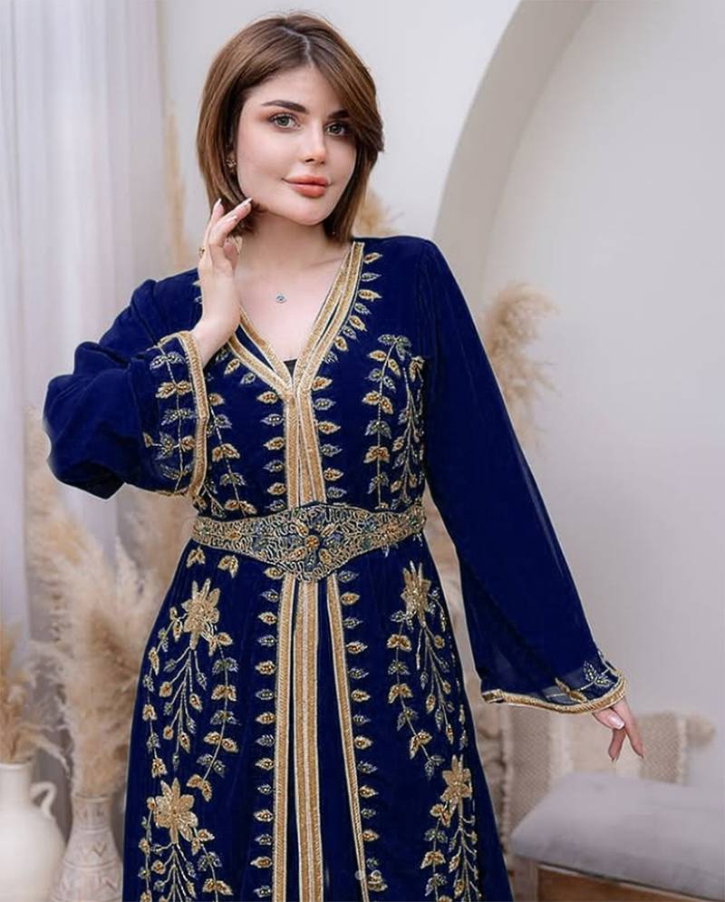 Navy Blue color luxurious Handmade Moroccan Kaftan with hijjab