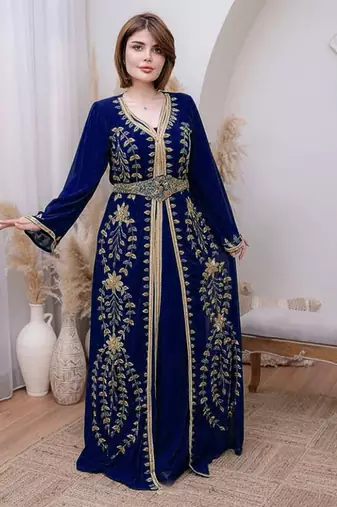 Navy Blue color Handmade Moroccan Kaftan with hijjab