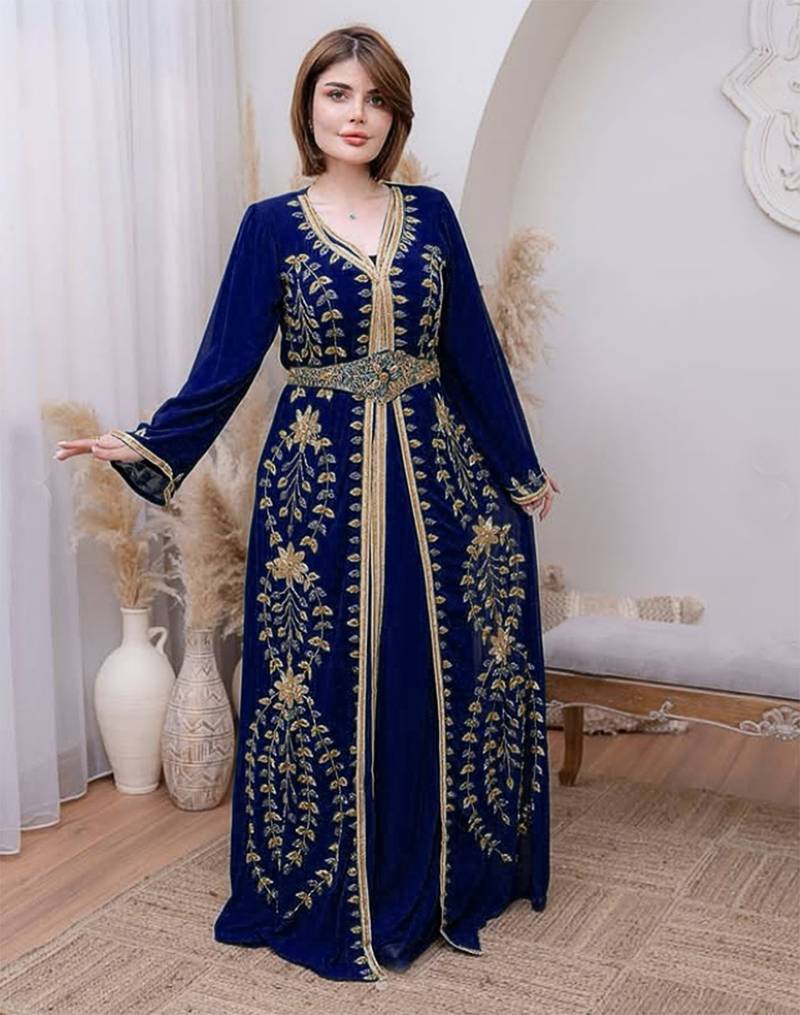 Navy Blue color luxurious Handmade Moroccan Kaftan with hijjab