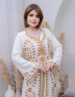 Off White color Handmade Moroccan Kaftan with hijjab 2