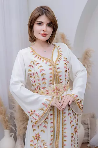 Off White color Handmade Moroccan Kaftan with hijjab