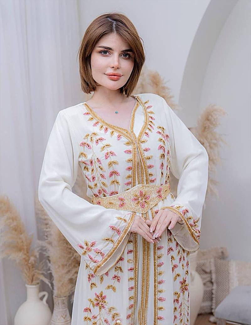 Off White color luxurious Handmade Moroccan Kaftan with hijjab