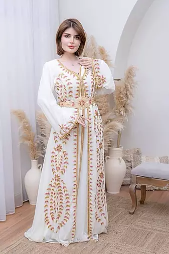 Off White color Handmade Moroccan Kaftan with hijjab