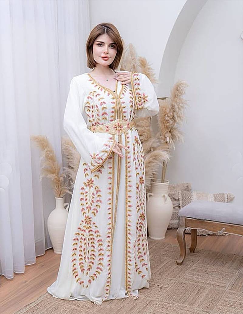 Off White color luxurious Handmade Moroccan Kaftan with hijjab