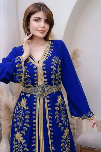 Royal Blue color Handmade Moroccan Kaftan with hijjab