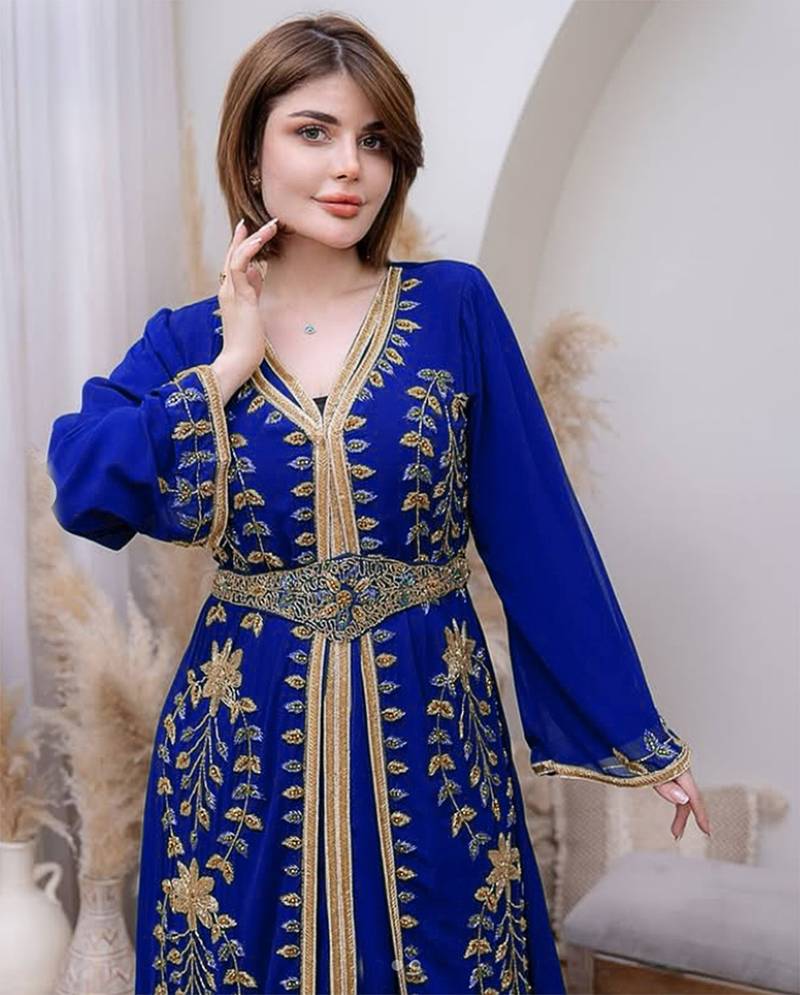 Royal Blue color luxurious Handmade Moroccan Kaftan with hijjab