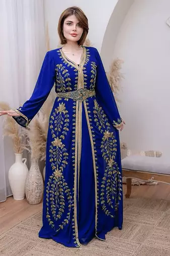 Royal Blue color Handmade Moroccan Kaftan with hijjab