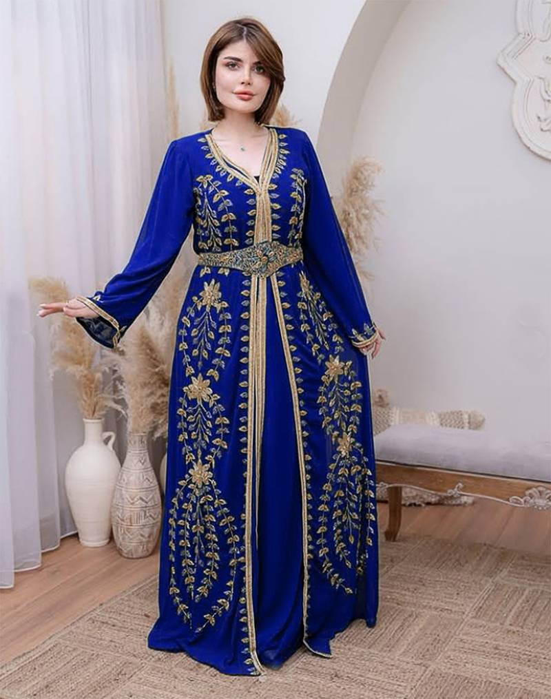 Royal Blue color luxurious Handmade Moroccan Kaftan with hijjab
