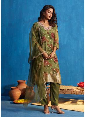 Green  organja jacquard  kurti bottom  dupatta set 1