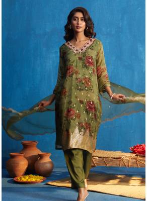 Green  organja jacquard  kurti bottom  dupatta set 2