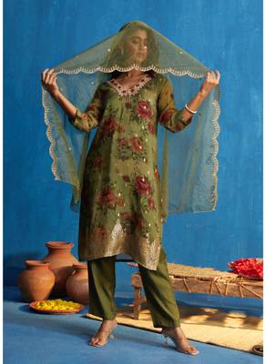 Green  organja jacquard  kurti bottom  dupatta set 3