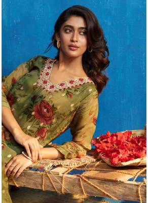 Green  organja jacquard  kurti bottom  dupatta set 5